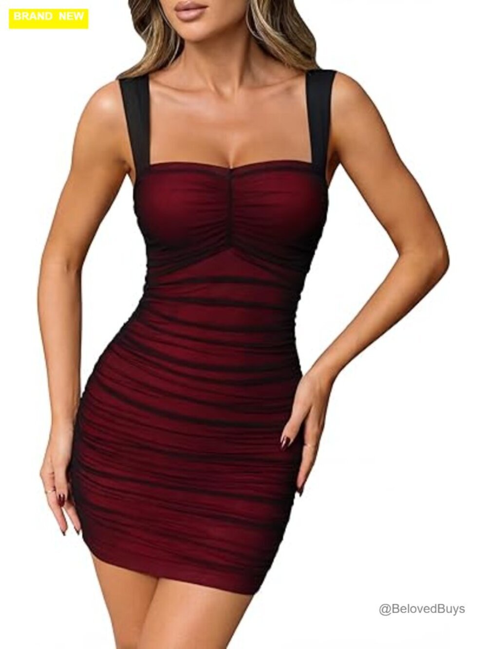 Ruched Mesh Bodycon Mini Dress Square Neck Sleeveless Tummy Control Night Out